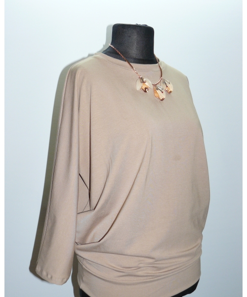 Bawełniana bluzka Oversize z drapowaniem dla puszystej - beżowa